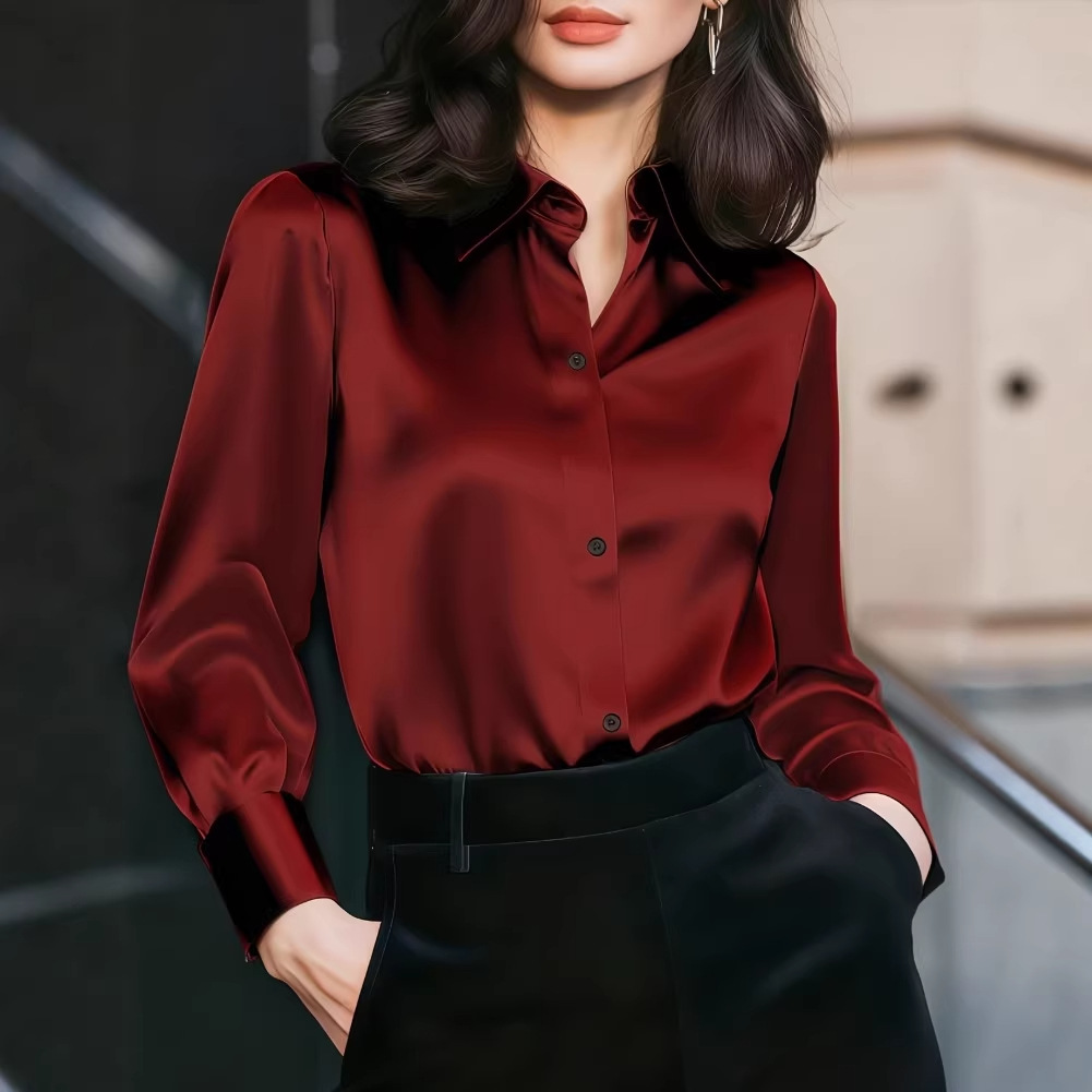 Women Formal Wear Business - Women Satin Lapel Collar Blouse Button